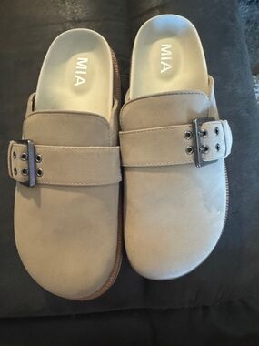 MIA Buckled Suede Slide in Taupe